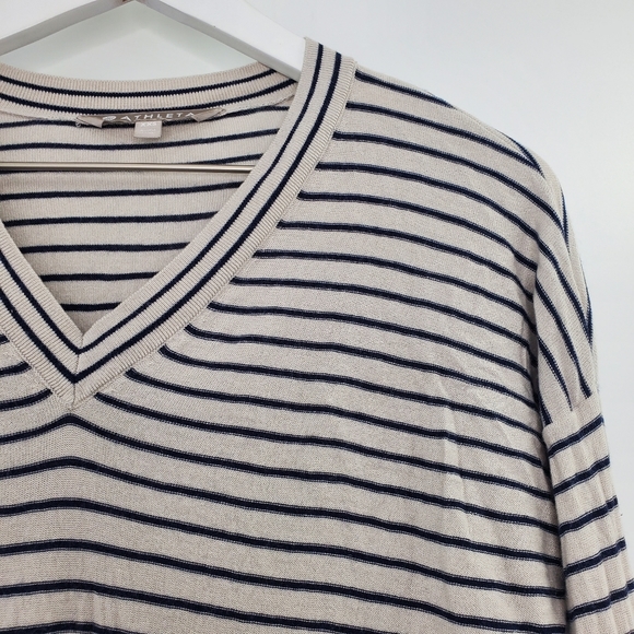 Athleta Retreat Navy Striped V-Neck Silk Cotton Cashmere Women’s Sweater - Picture 2 of 6
